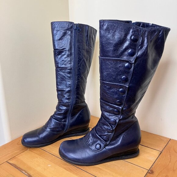 Miz Mooz Bloom Knee High Leather Boots Navy Blue Button & Tuck Detail Women's 8 - Picture 4 of 7